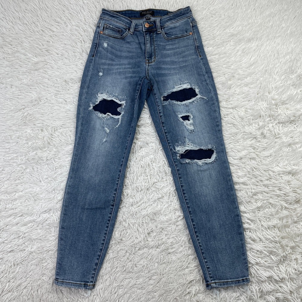 Judy Blue Pants‎ Womens 5/27 Blue Mid Rise Patched Distressed Relaxed Fit Jeans